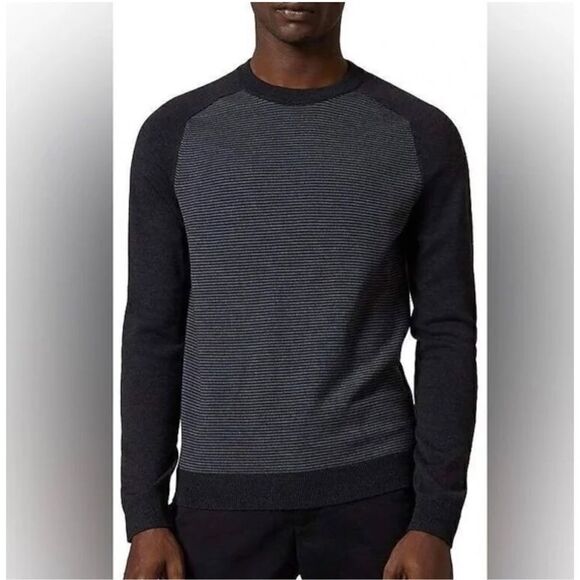 Ted Baker Men’s Crewneck Wool Blend Sweater, Striped Bodice, Solid Arms, Size S - Picture 1 of 11
